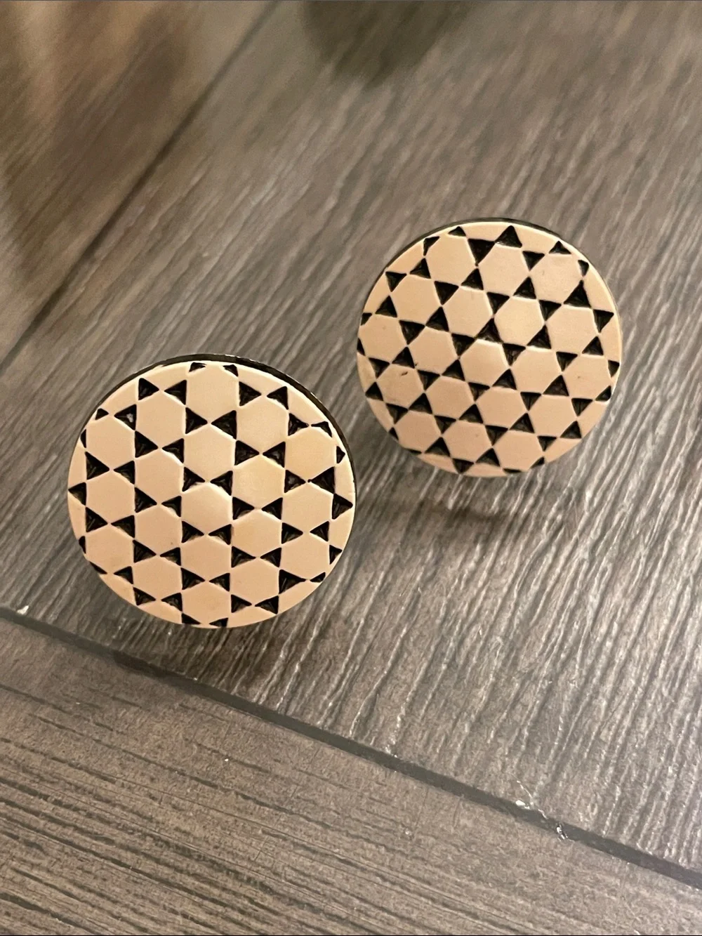 Vintage Round Button Clip Earrings with Geometric Pattern